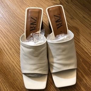 Zara Leather Heeled Mules, White, 7.5